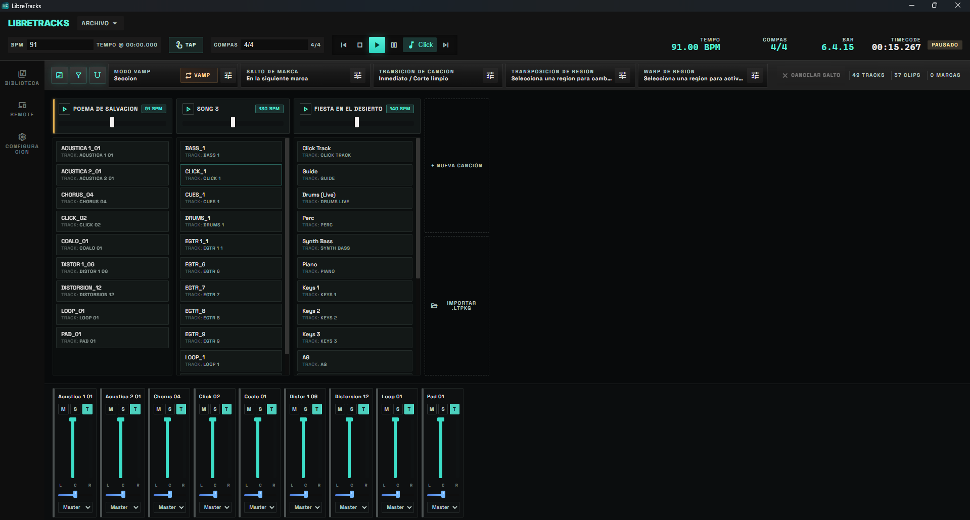 LibreTracks Compact View with song columns and mixer controls
